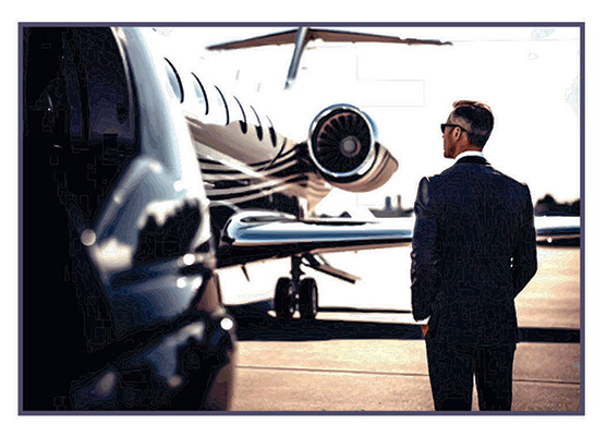 The chauffeur is waiting next to his black car and a private jet for his client.