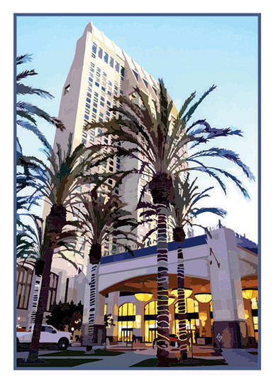 Front of a hotel for check in with palm trees.