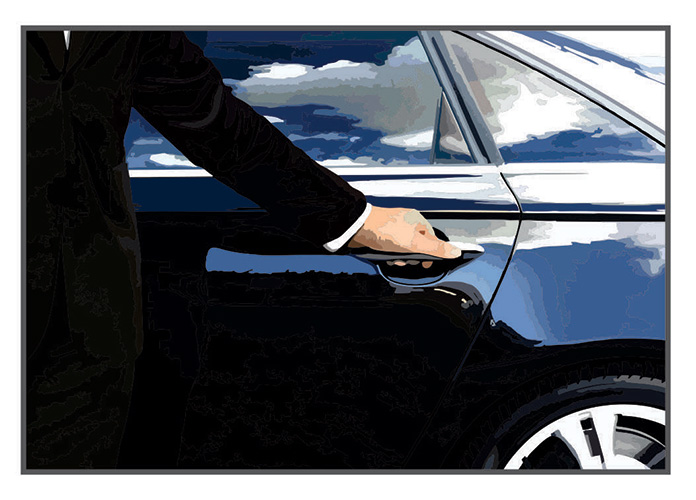 The chauffeur has his hand on the door handle of a luxury car.